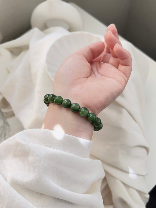 Natural Jade Beaded Bracelet, Green Jade Bracelet, Natural Hetian Jade, Genuine Nephrite Bracelet, Cat Eye Jade Beads, 9mm 10mm Jade Beads