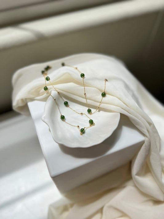 Natural Jade Necklace Bracelet Set, Dainty Jade Necklace, Hetian Jade Set, Very Tiny Jade Bracelet, 14K Gold Filled Dainty Chain Necklace