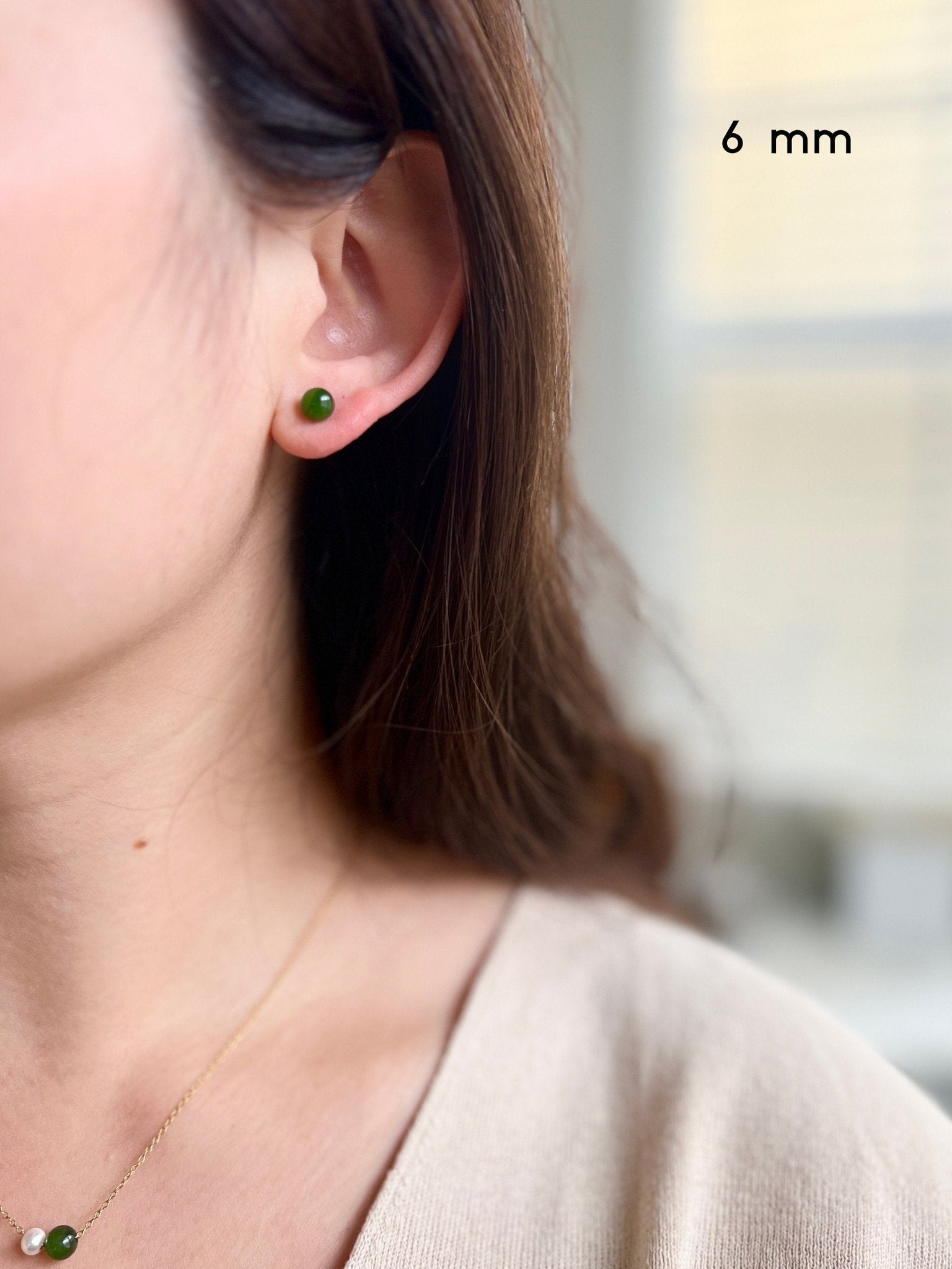 Natural Jade Earrings, 6mm 8mm Jade Stud Earrings, Jade Earring Stud, Green Jade Earrings, S925 Sterling Silver Earring, Green Jade Earrings