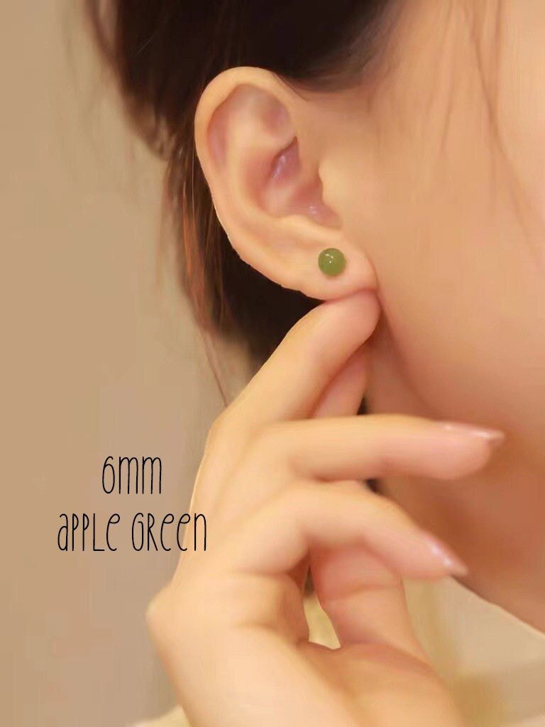 Natural Jade Earrings, 6mm 8mm Jade Stud Earrings, Jade Earring Stud, Green Jade Earrings, S925 Sterling Silver Earring, Green Jade Earrings