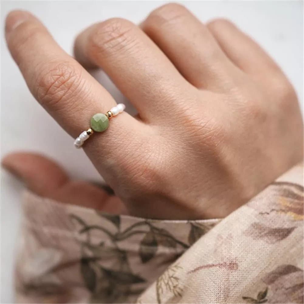 Bohemian Handmade Natural Stone Stretch Ring, Small Beads of pearl or Stainless Steel on Elastic String, Taiwan Jade, Boho Gift for Her, For mom daughter wife girlfriend, ring for party beach
