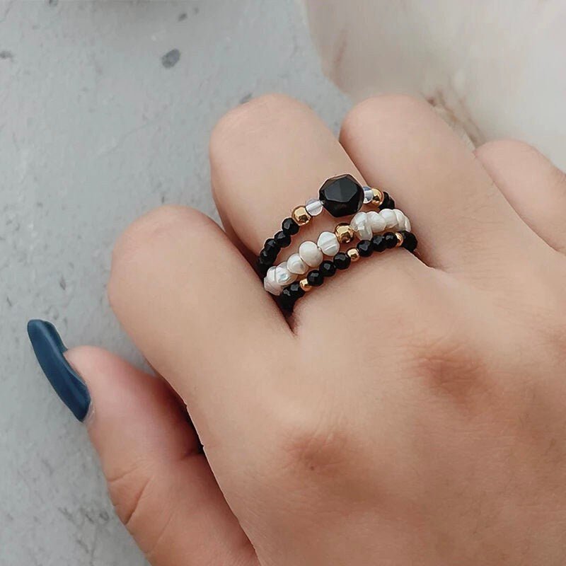 Bohemian Stretch Ring, Pearl Stretch Ring,  Natural Stone Stretch Ring, Handmade Small Beads Pearl Elastic String, Adjustable Stacking Ring2