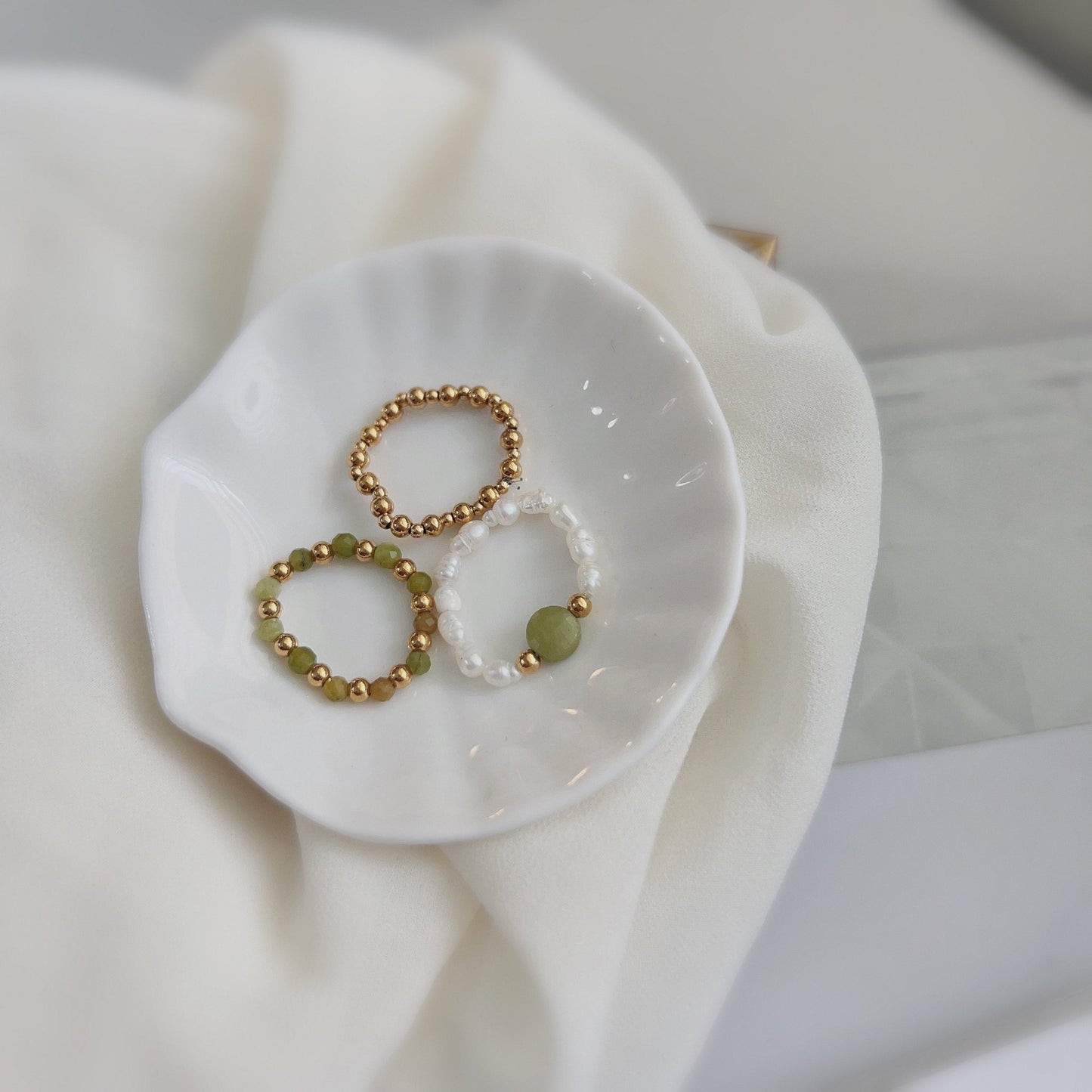 Bohemian Stretch Ring, Pearl Stretch Ring, Natural Stone Stretch Ring, Handmade Small Beads Pearl Elastic String, Adjustable Stacking Ring