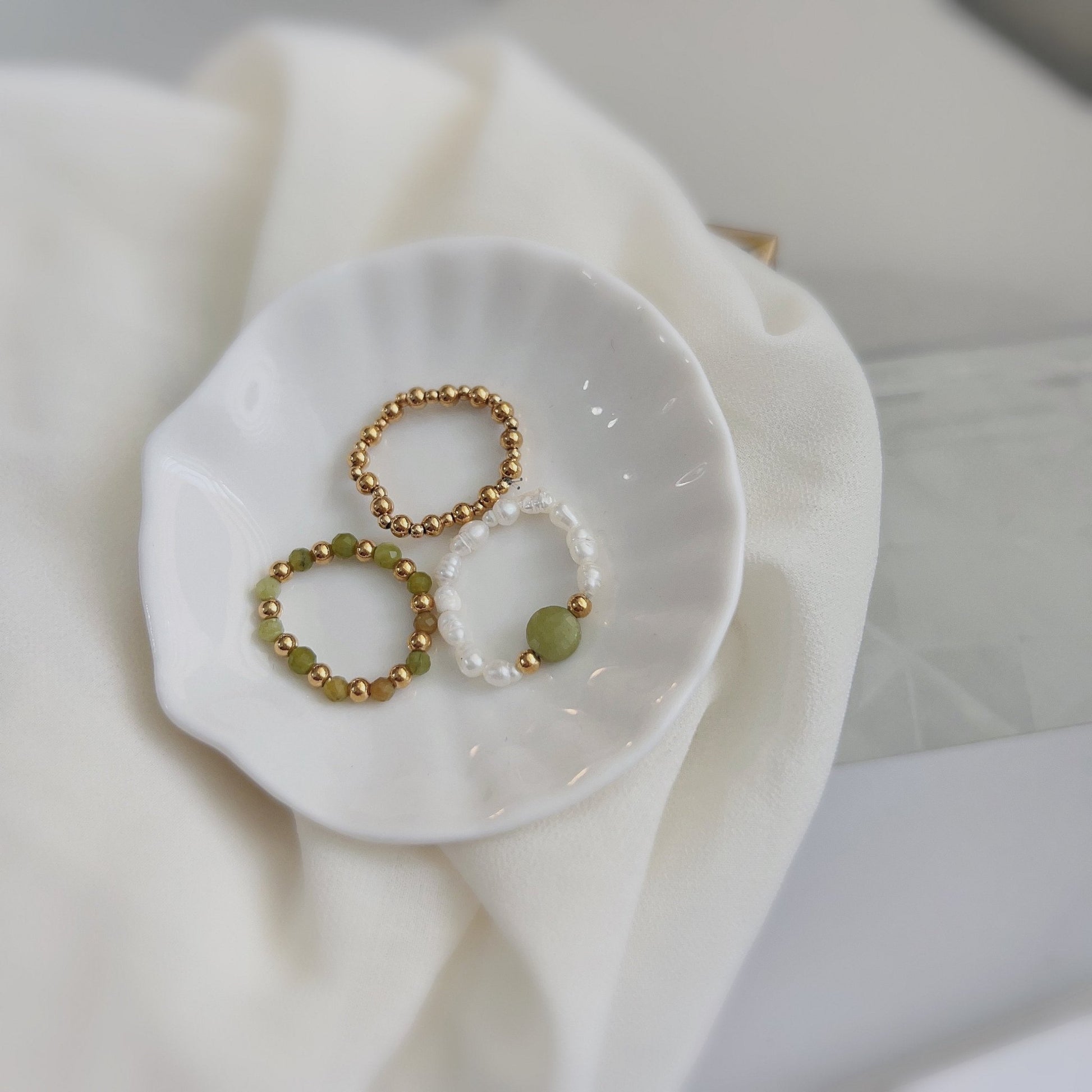 Bohemian Stretch Ring, Pearl Stretch Ring, Natural Stone Stretch Ring, Handmade Small Beads Pearl Elastic String, Adjustable Stacking Ring