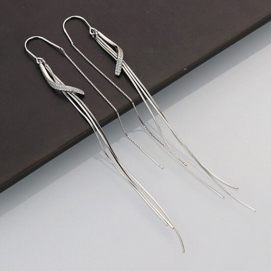 Silver Threader Earrings, Tassel Earrings, S925 Sterling Silver Earrings, Silver Wave Earrings, Silver Tassel Earrings, Long Tassel Earrings