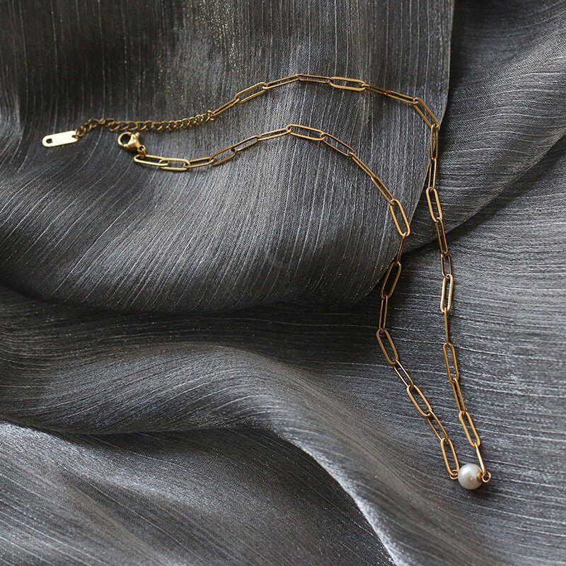Natural Single Fresh Water Pearl Pendant Necklace on 18K Gold Plated Stainless Steel Chain, Large Clip Rectangle Link Chain, Modern Classic