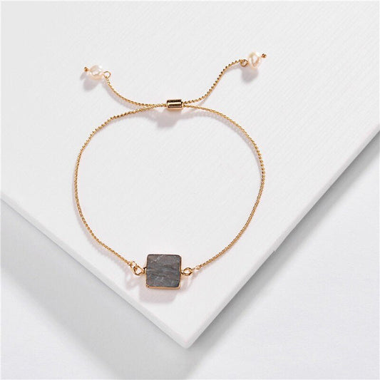 Single Square Labradorite Stone Bracelet, Square Natural Stone Copper Link Chain Bracelet with 2 Pearls, Minimalist Bracelet or Anklet