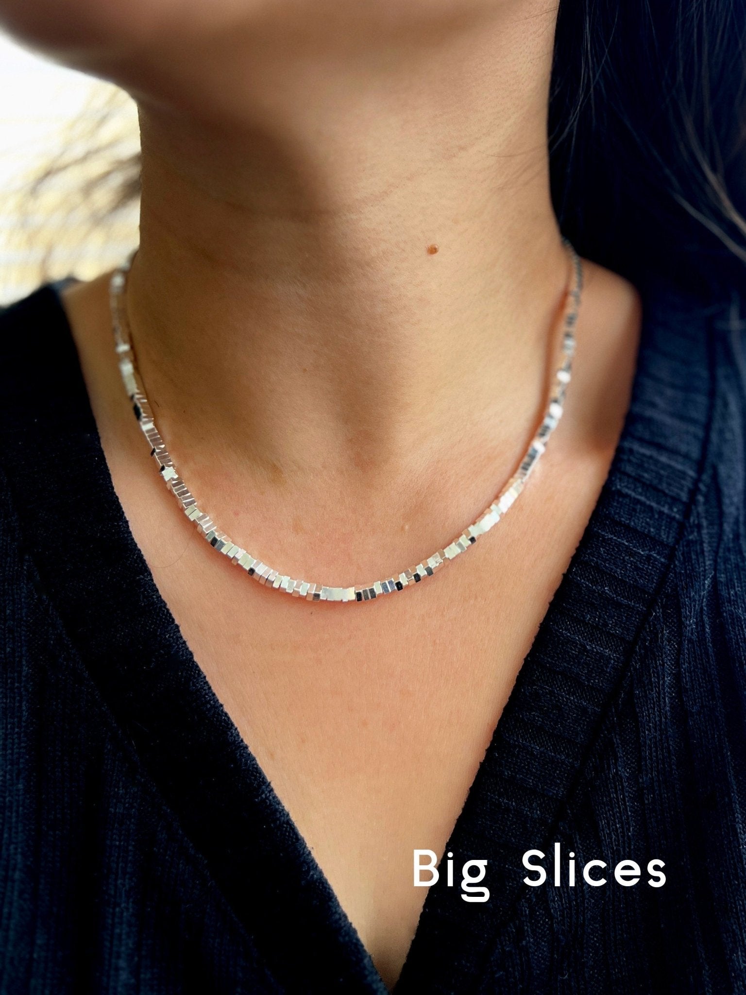 Beaded Silver Necklace, S925 Silver Slices Necklace, Silver Cubes Necklace, Sparkling Necklace, Shinning Silver Necklace, Layered Necklace