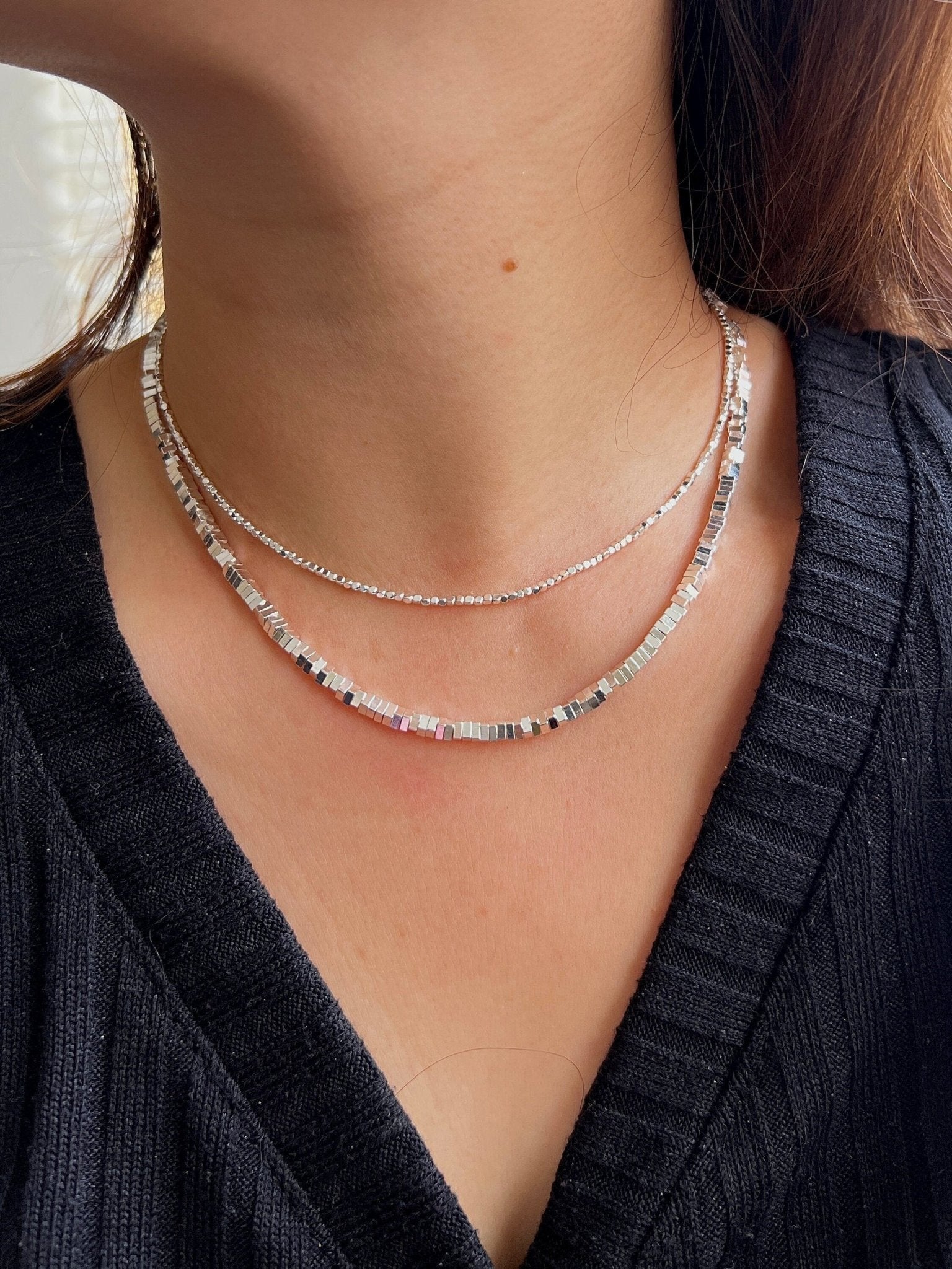 Beaded Silver Necklace Bracelet Set, S925 Silver Set, Silver Cubes Necklace, Sparkling Necklace, Shinning Silver Necklace, Layered Necklace