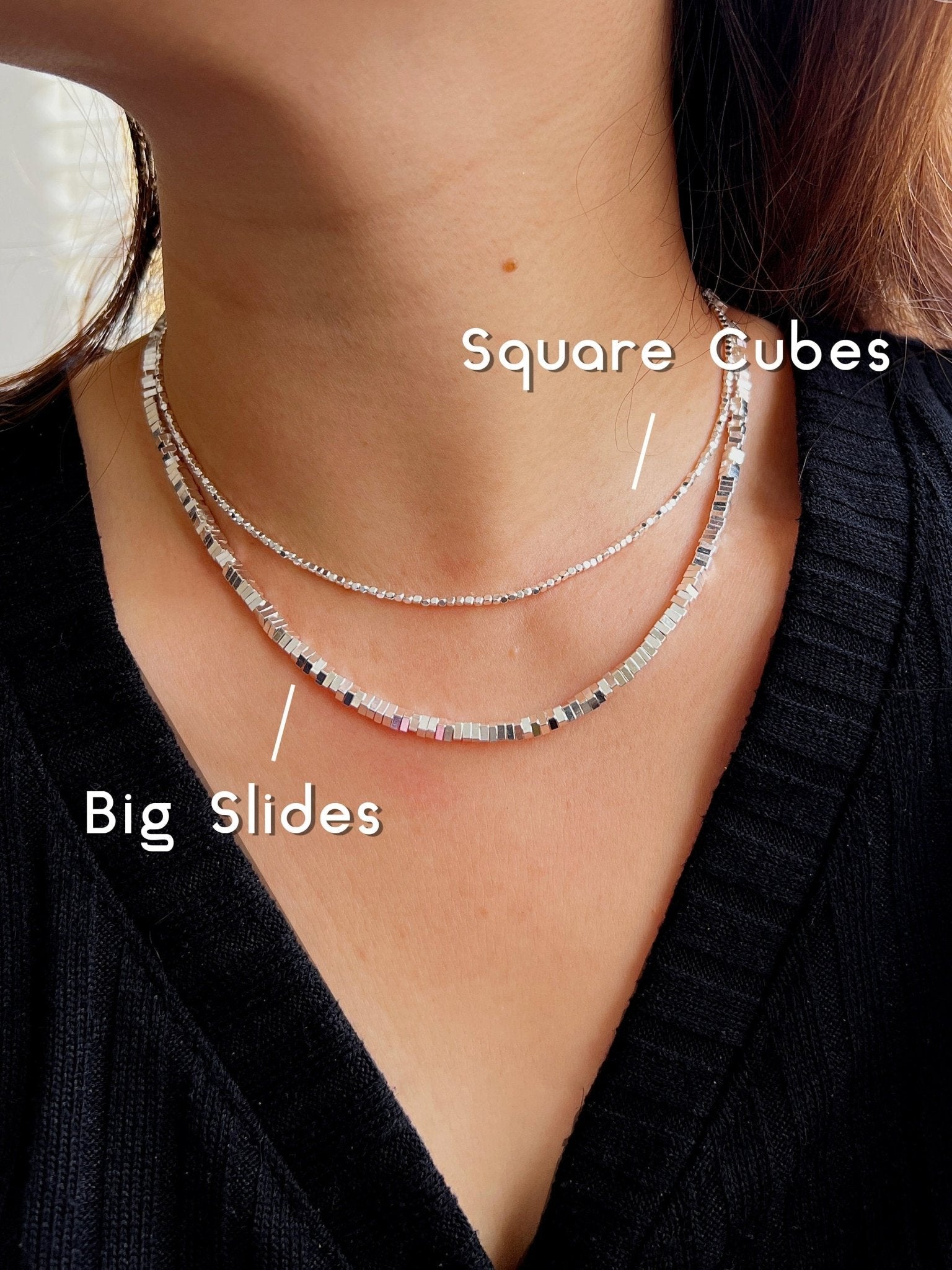 Beaded Silver Necklace, S925 Silver Slices Necklace, Silver Cubes Necklace, Sparkling Necklace, Shinning Silver Necklace, Layered Necklace