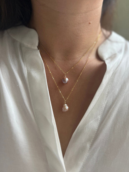 Purple Baroque Pearl Pendant, 14K Gold Filled Necklace, Small Baroque Pearl, white Freshwater Pearl, Pink Irregular Pearl, Wedding Necklace